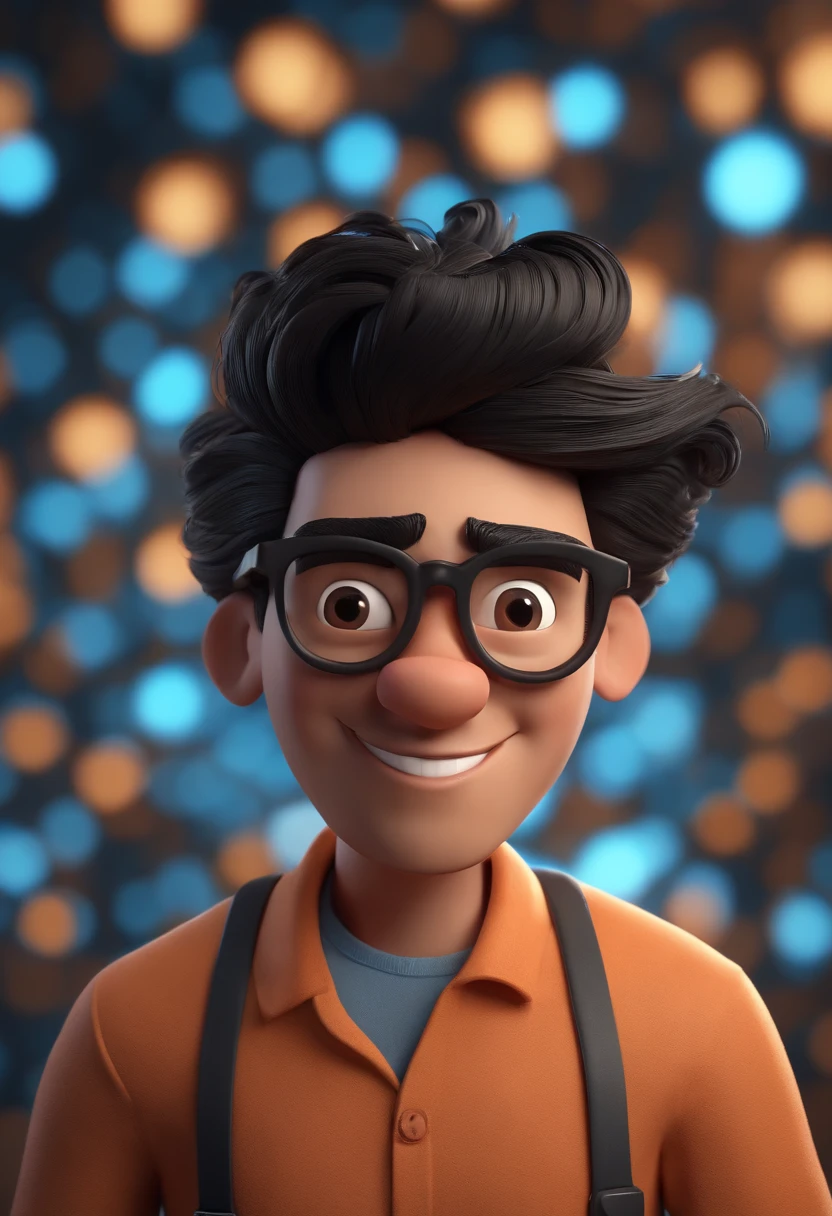 Cartoon character of a man wearing black glasses and a blue shirt, um personagem animado, Caractere estilizado, animation style rendering, 3D estilizado, Arnold Maya render, 3 d render stylized, toon render keyshot, Personagem 3D, Personagem 3D, 3d rendering stylized, 3 d character render, personagem de desenho animado, Personagem de close up, Pose de personagem, (Estilo Pixar) (master part:1.2) (Bokeh) (best quality) (pele detalhada) (textura detalhada) (8k) (argila) (Cinematic lighting) (foco nítido,Senta e vaza a parte superior do corpo