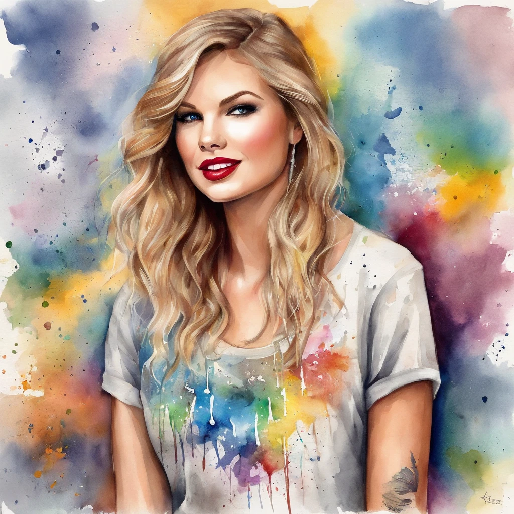 Taylor Swift Waitress Cool and Fashionable, Hair colored with rainbow, olhos amarelos, Use roupas hip-hop da moda, usando um capuz, Graphic T-shirt and ripped jeans, Muitas tatuagens e piercings, Fundo estilo Doodle, Antecedentes altamente detalhados, Obra-prima perfeita, alta qualidade, high resolution