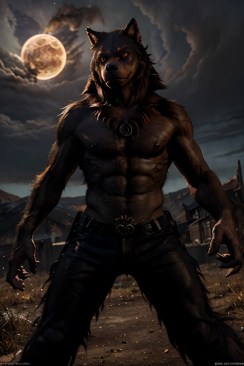 Digital illustration capturing the essence of (((Werewolf))), the mythical Blood Wolf. The composition focuses on its ferocious demeanor, with fangs bared and claws unsheathed. The background features a desolate landscape with a blood-red sky, creating a haunting atmosphere. The art style incorporates elements of dark fantasy and abstract surrealism, with swirling patterns and vivid colors representing the creature's otherworldly nature. The camera perspective is a low-angle shot, emphasizing the dominance and power of (((Werewolf))). The image resolution is 8K, allowing for meticulous rendering of fur textures and menacing details.