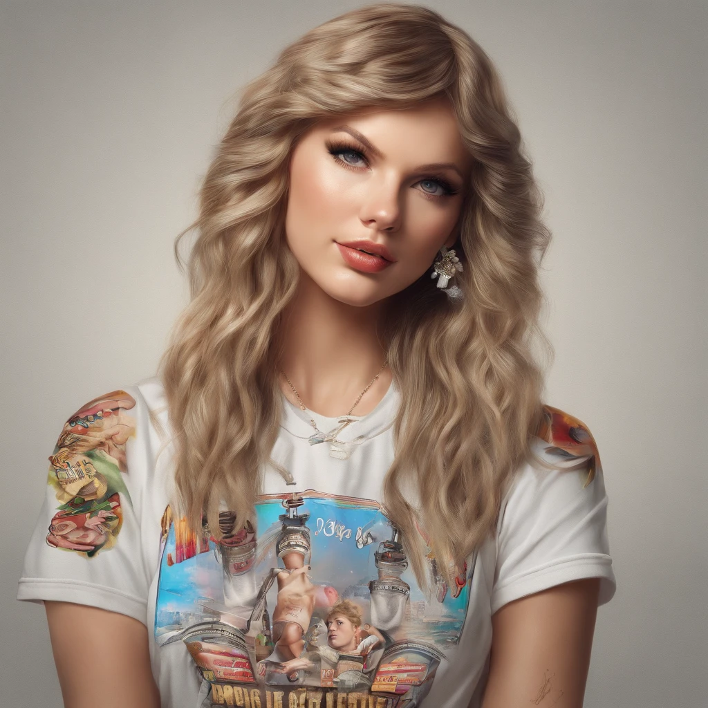 Taylor Swift Waitress Cool and Fashionable, Hair colored with rainbow, olhos amarelos, Use roupas hip-hop da moda, usando um capuz, Graphic T-shirt and ripped jeans, Muitas tatuagens e piercings, Fundo estilo Doodle, Antecedentes altamente detalhados, Obra-prima perfeita, alta qualidade, high resolution