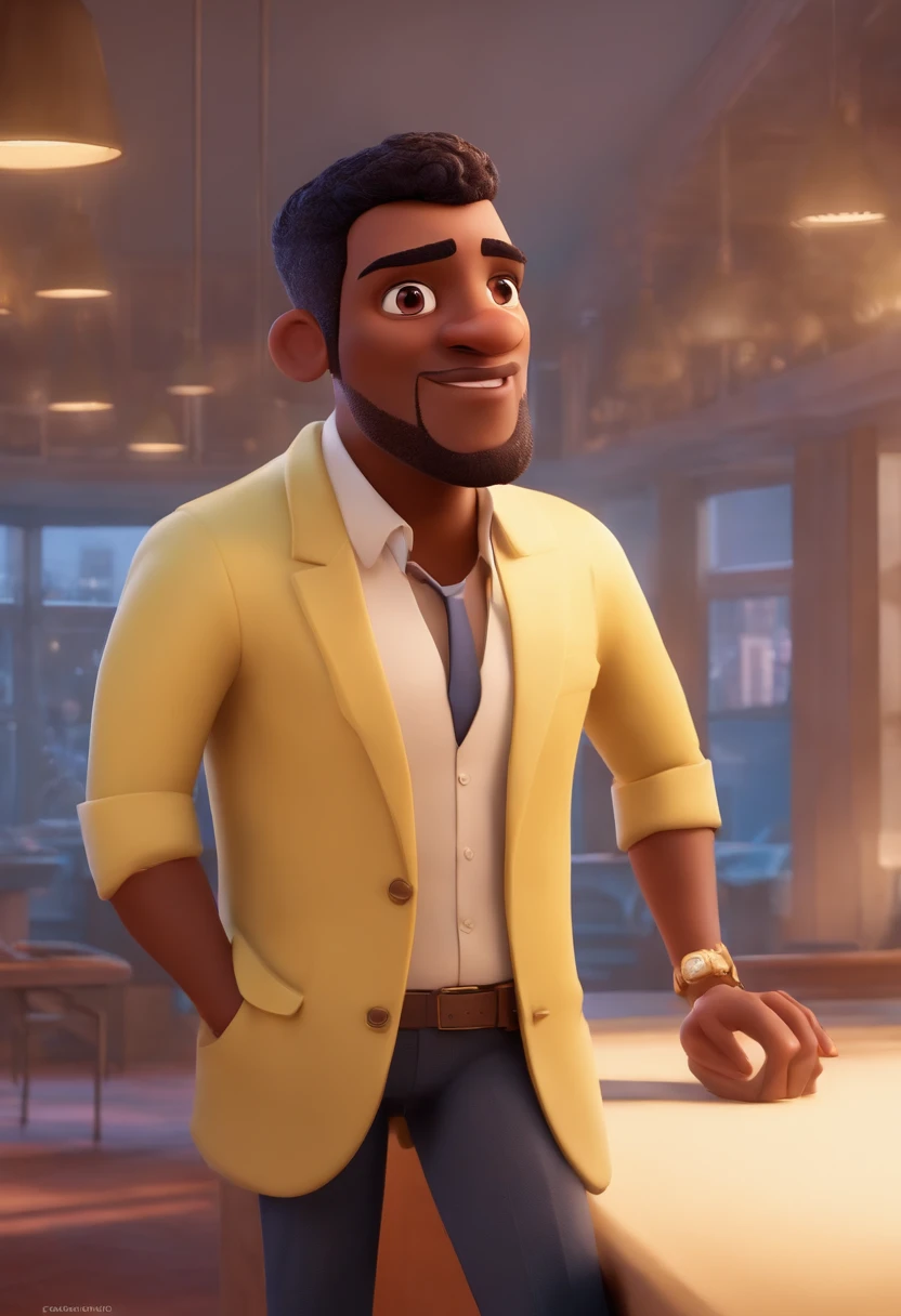 A city councilman looking at a dream project inspired by Pixar animation, de perto. The character takes center stage with captivating facial expressions, oferecendo um toque de irrealidade