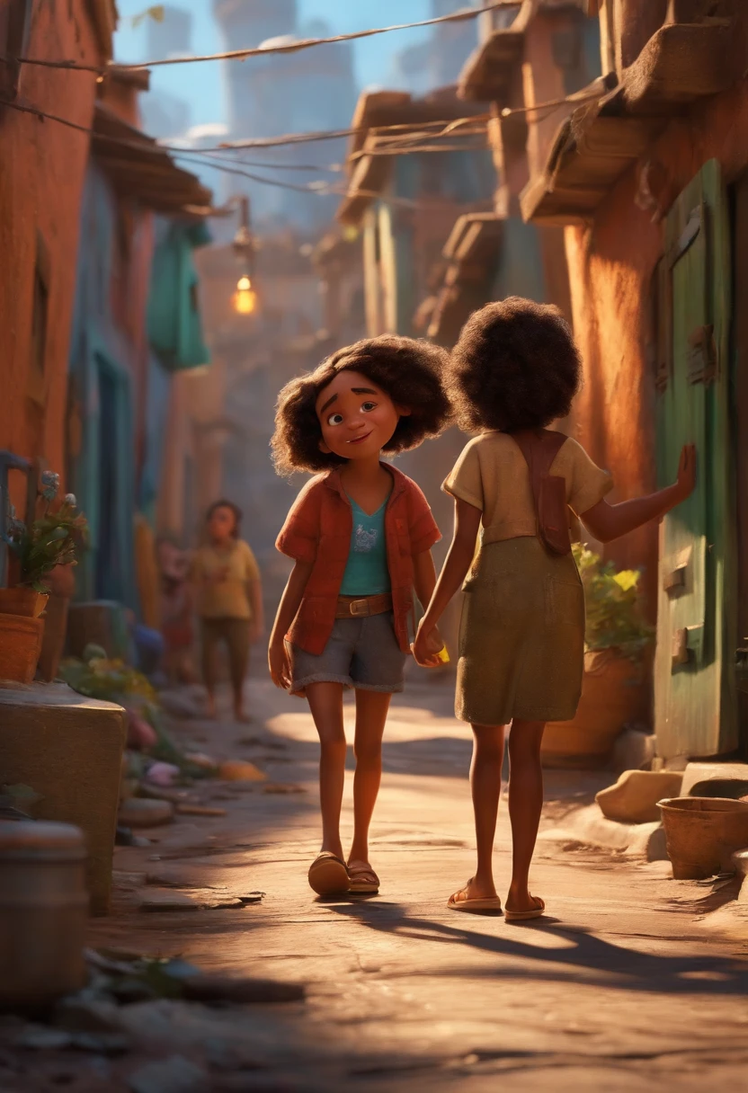 Um filme inspirado na Disney Pixar ( BRANCA JOVEM COM CABELO MEDIO CASTANHO) He's walking down a street in a slum in The scene being in the distinctive art of the PIXAR style, descolada e estilosa