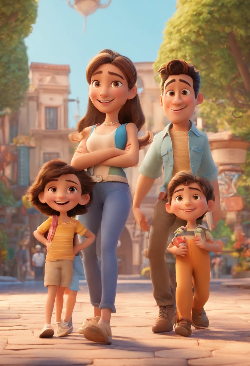 Cartoon of friends having fun on vacation together, 3D Animation Movie Poster, Poster de filme animado, pixar 3 d animation style, pixar renderman rendering, maia 8 mil, animated film, Disney Pixar Estilo 3D, amigos felizes saem juntos, all wearing light blue shirts and cream brown long pants, camisa azul clara, cream brown pants, ao ar livre, vacation, Disney Pixar Animation Poster