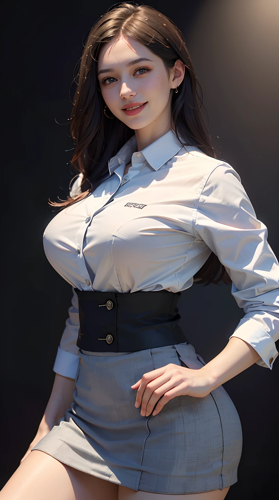 (best quality, 4k, 8k, high-res, masterpiece:1.2), ultra-detailed, (realistic, photorealistic, photo-realistic:1.37), (beautiful detailed eyes, beautiful detailed lips, extremely detailed eyes and face), studio lighting, physically-based rendering, vivid colors, (big tits, super big tits, super extra big tits), ((waist)), (business tight mini skirt suit, business shirt:1.5), (portrait, smile and laugh), (strobe lighting), (simple background:1.5),