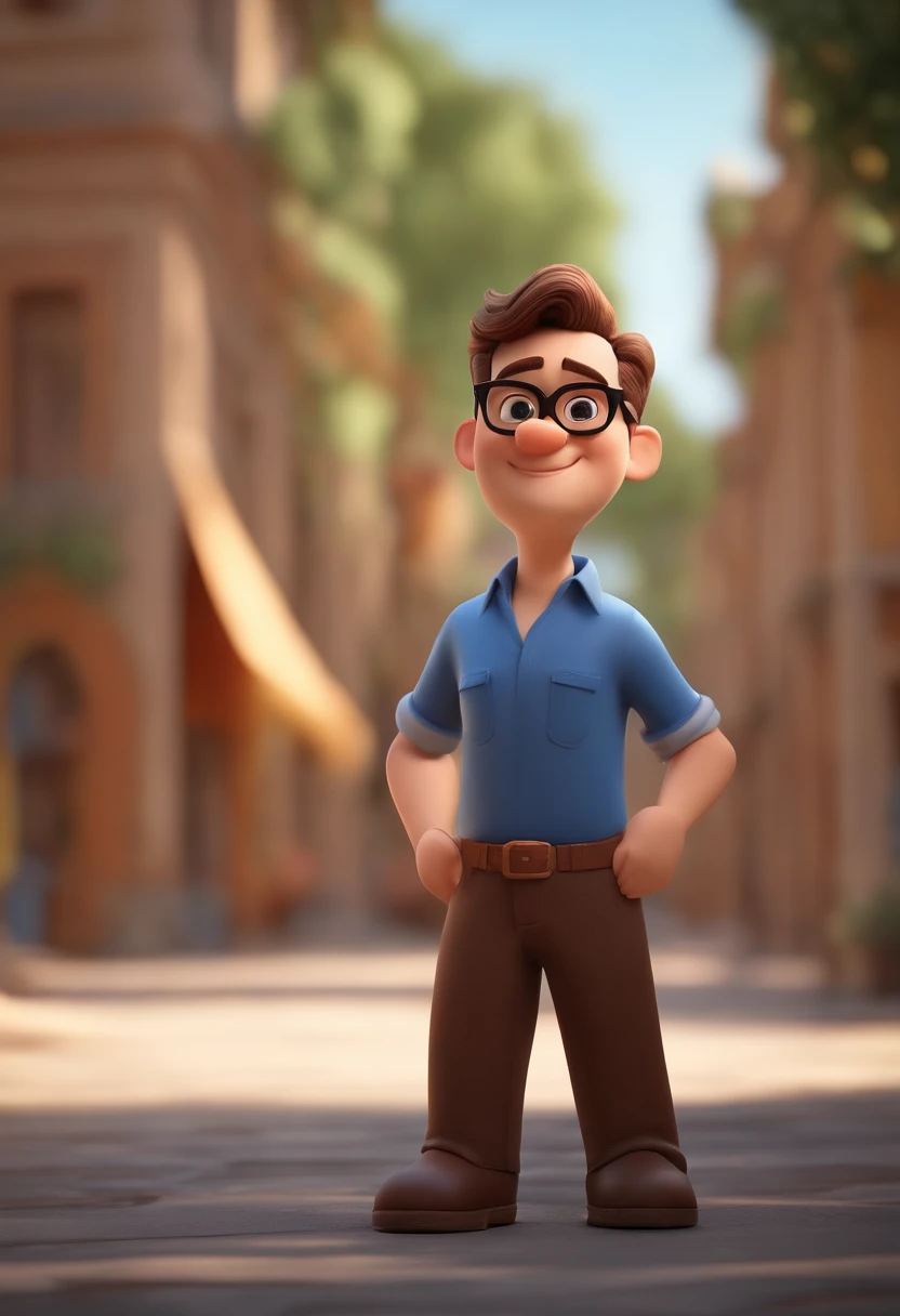 Cartoon character of a man wearing black glasses and a blue shirt, um personagem animado, Caractere estilizado, animation style rendering, 3D estilizado, Arnold Maya render, 3 d render stylized, toon render keyshot, Personagem 3D, Personagem 3D, 3d rendering stylized, 3 d character render, personagem de desenho animado, Personagem de close up, Pose de personagem, (Estilo Pixar) (master part:1.2) (Bokeh) (best quality) (pele detalhada) (textura detalhada) (8k) (argila) (Cinematic lighting) (foco nítido,Senta e vaza a parte superior do corpo moreno