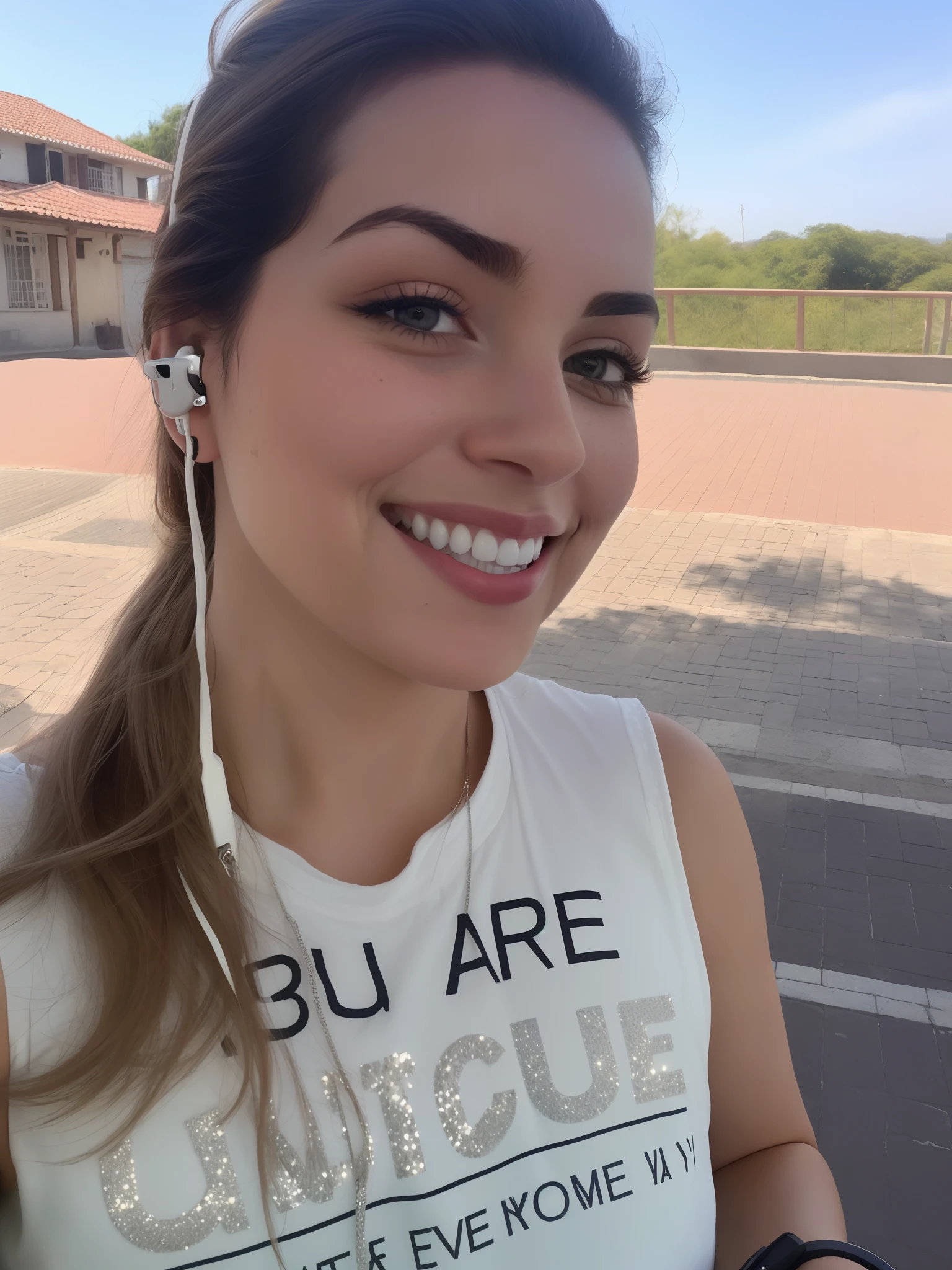 mulher sorridente com fones de ouvido em seus ouvidos e uma camisa branca, Mulher de 30 anos, 3 0 anos de idade mulher, selfie de uma jovem mulher, com fones de ouvido, Directed by: Nandor Soldier, 3 2 anos, Fotografia selfie 8k, she is smiling and happy, fones de ouvido joias, happily smiling at the camera, Rosto com ArtGram, imagem de perfil
