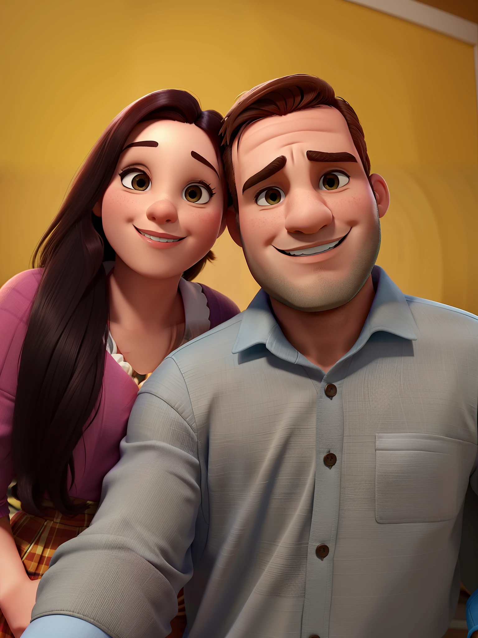 Casal (homem moreno e mulher branca) no estilo Disney Pixar, alta qualidade, melhor qualidade.