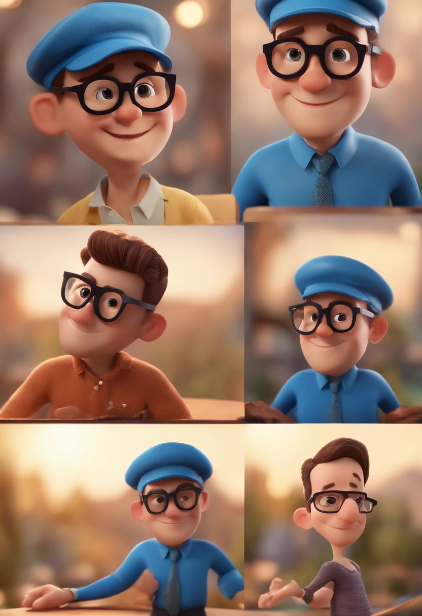 Cartoon character of a man with black glasses and a blue shirt, animation character, Caractere estilizado, animation style rendering, 3D estilizado, Arnold Maya render, 3 d render stylized, toon render keyshot, Personagem 3D, Personagem 3D, 3d rendering stylized, 3 d character render, personagem de desenho animado, Personagem de close up, Pose de personagem,  (Estilo Pixar) (master part:1.2) (Bokeh) (best quality) (pele detalhada) (textura detalhada) (8k) (argila) (Cinematic lighting) (foco nítido