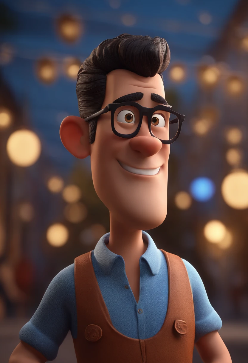 Cartoon character of a man with black glasses and a blue shirt, animation character, Caractere estilizado, animation style rendering, 3D estilizado, Arnold Maya render, 3 d render stylized, toon render keyshot, Personagem 3D, Personagem 3D, 3d rendering stylized, 3 d character render, personagem de desenho animado, Personagem de close up, Pose de personagem, (Estilo Pixar) (master part:1.2) (Bokeh) (best quality) (pele detalhada) (textura detalhada) (8k) (argila) (Cinematic lighting) (foco nítido