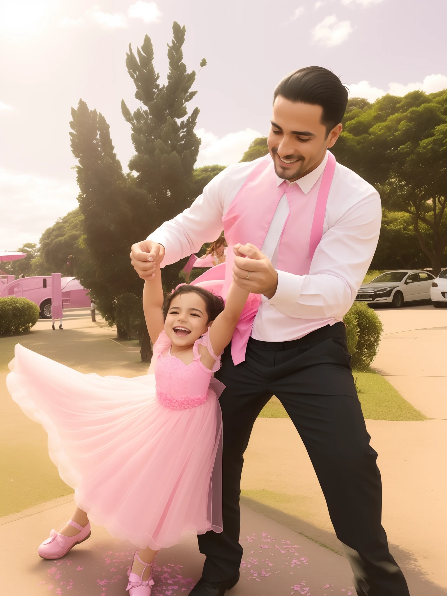 There's a man and a girl dancing together in a park, vestido com um vestido rosa, smiling and dancing, david rios ferreira, usando um tutu rosa, ser encantado e alegre, Directed by: Nandor Soldier, dancing in the background, wearing a pink romantic tutu, todo mundo se divertindo, usando um tutu, muito animado, Alex Flores, Girando