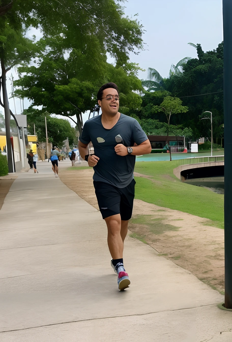 There's a man jogging on a sidewalk near a pond, Directed by: Herbert MacNair, album photo, ele tem 3 5 anos, Correndo, edu souza, ele tem cerca de 4 0 anos de idade, ele tem cerca de 40 anos, com uma cidade em segundo plano, Correndo livremente, remix a imagem em formato de desenho animado Disney Pixar Directed by: Ric Estrada, Directed by: Luis Miranda.