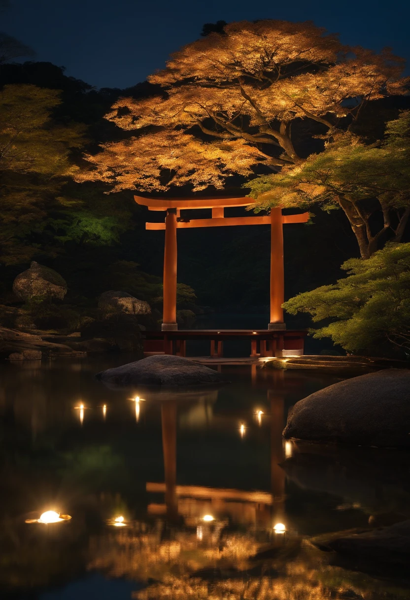 Uma paisagem noturna inspirada na arte japonesa, com um jardim iluminado por lanternas de papel e uma ponte de madeira sobre um lago tranquilo. The starry sky is reflected in the water, Creating a magical environment. na margem do lago, There is a small Zen temple lit by candles, where people come to meditate. The leaves of the trees sway gently in the wind, criando uma atmosfera calma e tranquila.