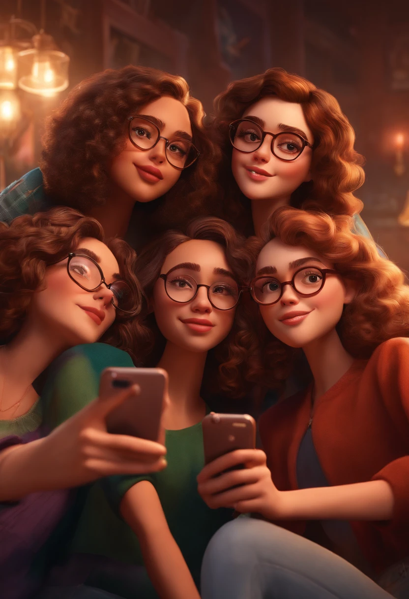 four girls are taking a selfie, chillin at them secret club together, one of them has curly brown hair and is wearing glasses, the other three have straight brown hair, pixar style