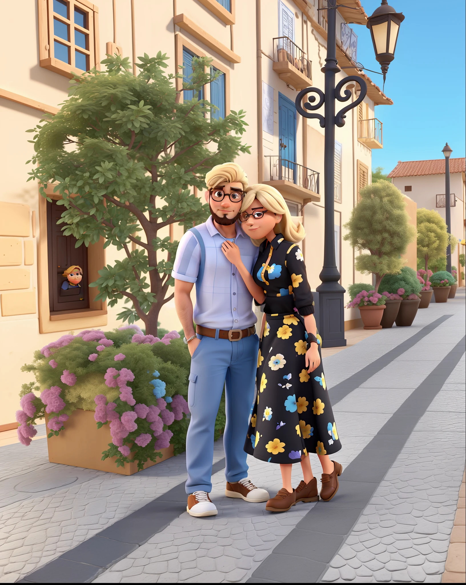 casal ,homem branco com cabelos negros, com barba grande e negra, camisa lisa sem gola, Round glasses and blonde woman, cabelos nos ombros, no estilo Disney Pixar, alta qualidade, melhor qualidade,8k