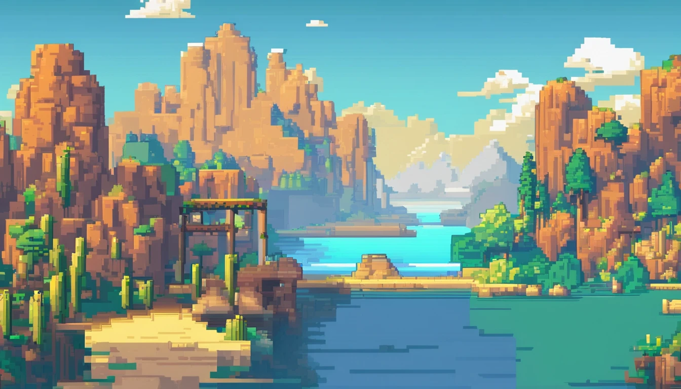 Pixel art tourist destination landscape. Evening. 3d pixel art 4k wallpaper. Incredible pixel art details. Pixel art. Steam waves. Detailed unreal engine pixel art