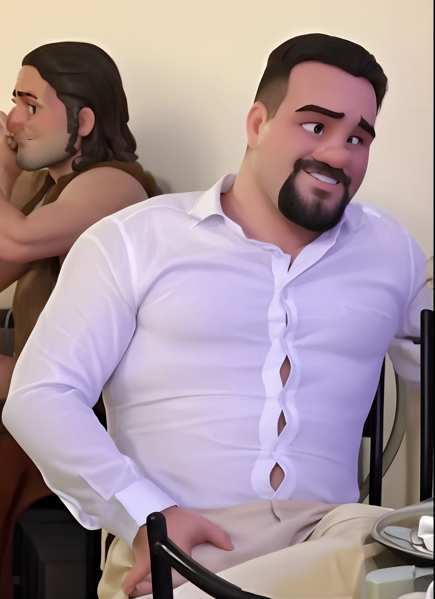 Homem branco gordo cabelo curto com camisa social apertada