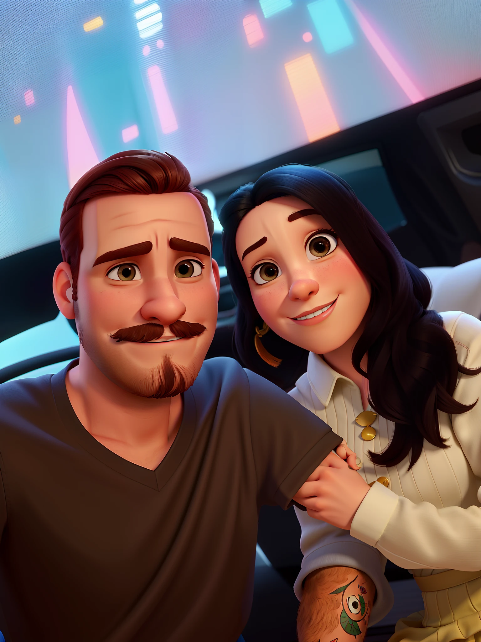 Casal (homem moreno e mulher branca) no estilo Disney Pixar, alta qualidade, melhor qualidade.