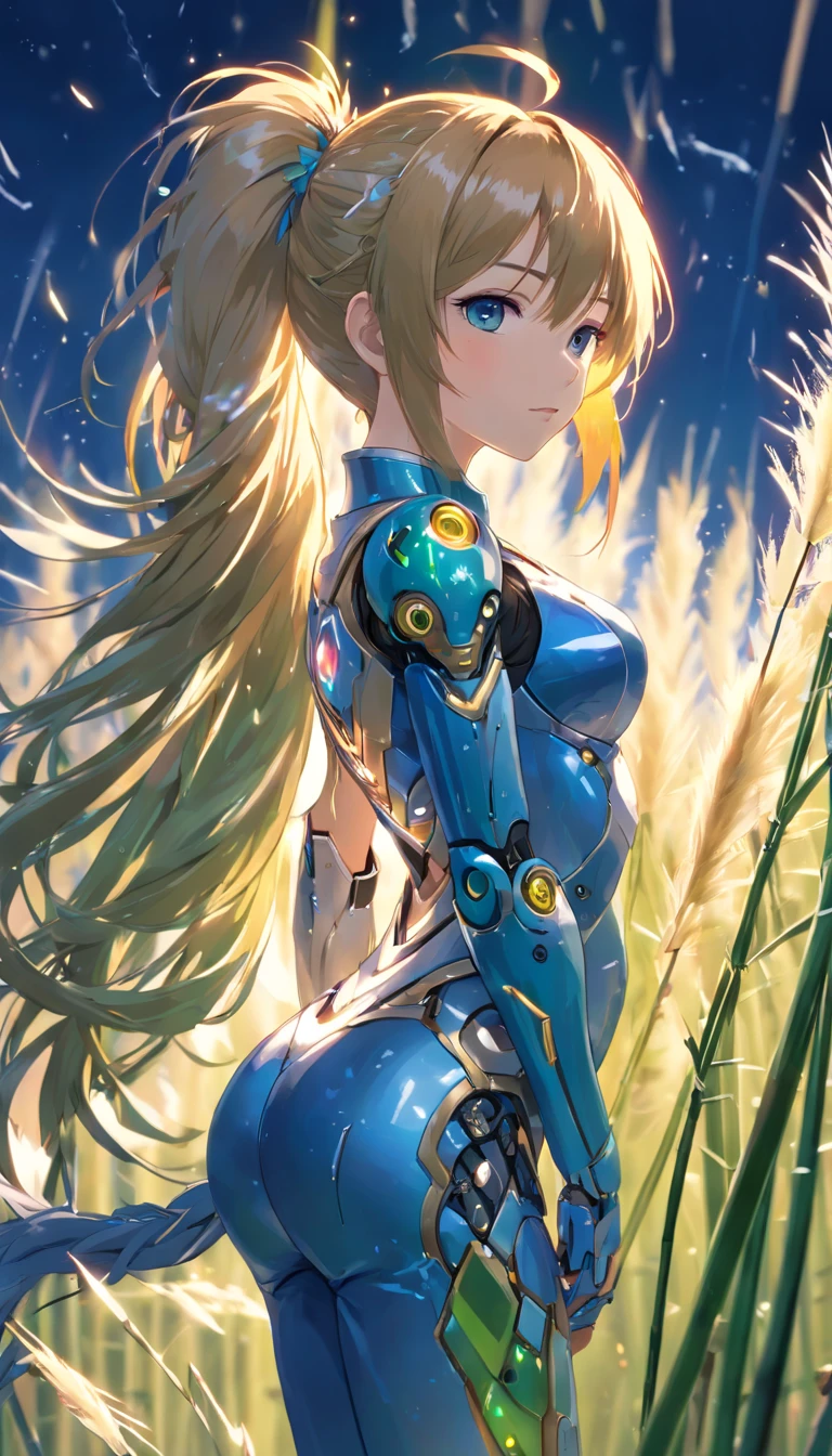 (Full body posing:1.5), (Colorful:1.2), Dynamic Angle, (Highly detailed CG Unity 16k wallpaper:1.1), (Denoising strength: 1.45), (tmasterpiece:1.37), {{masutepiece}}, flat chest best quality}, {hight resolution}, Solo, Flat_Chest, Girl in a church surrounded by white hair and blue pupils {many} blazing {Feathers} With a cold face, Detailed face, Bright colorful light night with cloudy moon in rich layered clouds and detailed sky, {A lot of glowing particles}, High Ponytail, mecha clothes, Robot Girl, Cool movement, Sliver Bodysuit, {Filigree}, Delicate e (Convoluted) hair, ((bamboo grass)) And (Broken) Body, blue streaked hair, Full body, sitting on the {Brewster}, depth of fields, god rays, spark of light, Glowing light