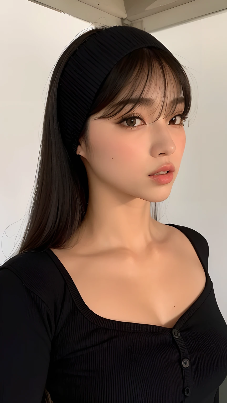 un primer plano de una mujer vestida con un top negro y una diadema negra, she has black hair con flequillo, Hermosa joven coreana, neat hair con flequillo, Hermosa mujer surcoreana, con flequillo, flequillo recto, long flequillo recto, Lalisa Manobal, Hermosa joven coreana, Flequillo contundente cae sobre su frente, long hair con flequillo, Bae Suzy