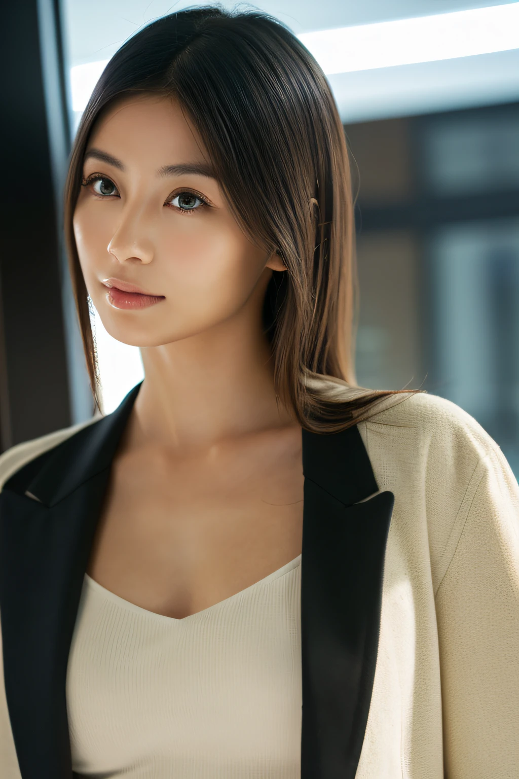 Wearing a suit　Officelady　Japan woman in her early 30s　Female boss of the company　Tsuriformes　A dark-haired　Long　In front of the entrance of the company　Beautie　Beautuful Women　shinny skin　best qualtiy、​masterpiece、(Photorealsitic:1.4) (perfectly proportions)(photos realistic)(Best Quality) 　photographed in a Canon EOS R5, 50mm Lens, F/2.8, nffsw, (8K) (foco nítido) 　clothed、(Photo Real:1.4)、(hyper realisitic:1.4)、(realisitic:1.3)、 (Smoother lighting:1.05)、(Improved lighting quality in movies:0.9)、32K、 girl with、Realistic lighting、back lighting、Facial light、raytrace、(Brightening light:1.2)、(Increase quality:1.4)、 (Top quality real texture skins)、finely eye、finerly detailed face、glowy skin　anatomically correct body form