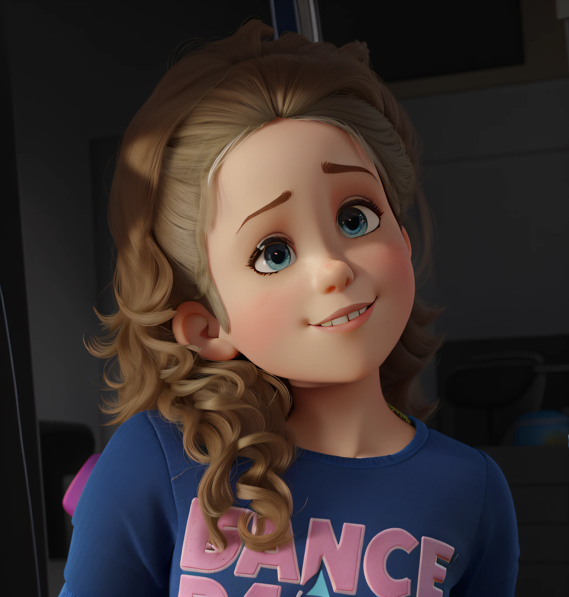 menina de 5 anos de idade, cabelos loiros cacheados, rosto claro, azul-cinzento-olhos, thin lips, alta qualidade, estilo pixar
