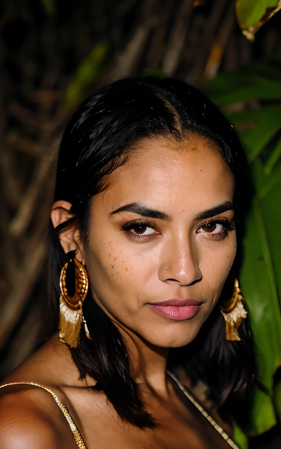 Foto RAW, fotorrealista, intrincado, foto de mulher africana bonita, cabelos ondulados, cabelos oleosos, pintura facial de guerra de leopardo completo, (traje de tribo antiga), pele de leopardo, cocar de tribo antiga, irritado, em floresta tropical chuvosa, textura detalhada, (Rasgado, sujo, chuva, sujeira), discreto, parte superior do corpo close up, Rim lighting, filmic grain, foto granulada, Leopard Ancient Tribe Themed Photo, motion blur, Horror cinematic LUT
