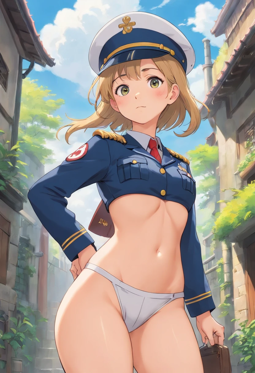 Girl in uniform showing her breasts, medium breasts, full-body view, chest pops out, Show genitals、NSFW