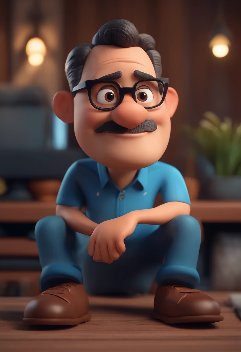 Cartoon character of a man with black glasses and a blue shirt, animation character, Caractere estilizado, animation style rendering, 3D estilizado, Arnold Maya render, 3 d render stylized, toon render keyshot, Personagem 3D, Personagem 3D, 3d rendering stylized, 3 d character render, personagem de desenho animado, Personagem de close up, Pose de personagem,  (Estilo Pixar) (master part:1.2) (Bokeh) (best quality) (pele detalhada) (textura detalhada) (8k) (argila) (Cinematic lighting) (foco nítido