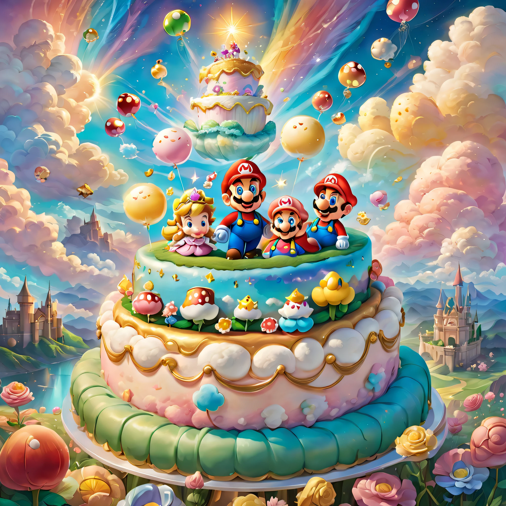 A fantastic illustration，Cute Super Mario birthday cake, Lovely birthday party, Blessings from angels､ Amazing, Unbridled fantasies, colorful drawing, muted pastels, captivating lighting, Whimsical atmosphere, Happy birthday theme background, Gold coins floated in the sky, Magical surrealism, Mysterious Shadows, Fluffy marshmallow clouds, Engaging details, curious onlookers, An expression of happiness, Mystery and wonder, uplifting mood,Bright background, Delicate brushstrokes, Fantasy world, Happy characters, Pleasant smile, Luminism, Hyperrealism, Ghibli-like colours, first-person view, UHD, anatomically correct, textured skin, masterpiece, high details, super detail, highres