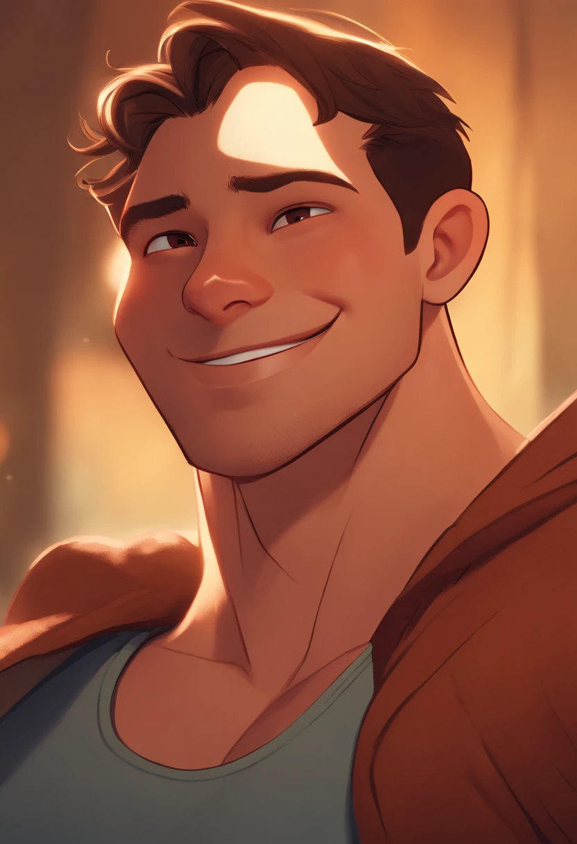 Cartoon character of a very short haired man with shirtless brown eyes with a somewhat defined physique and smiling pixar