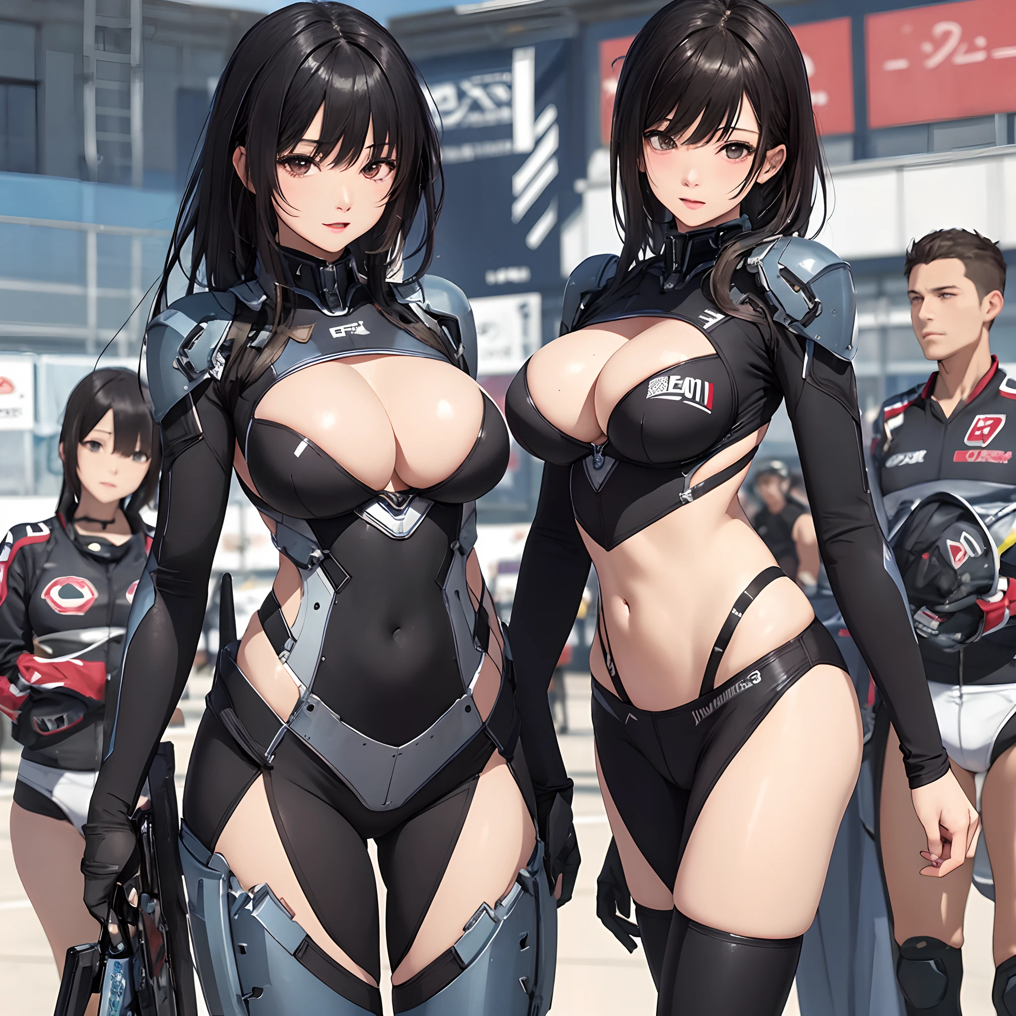 masterpiece、Top image quality、Black hair、Black bra、Colossal tits、mechs、animesque、8K,masterpiece, bset quality,Colossal tits、(1girl in)、((Pit Girl Suit))、shinny skin、Shiny big、dark-brown eyes、 ((top-quality))、 Crisp focus:1.2、Highly detailed facial and skin texture、A detailed eye、face perfect、perfect bodies、art by、nffsw、Blur the background、japanes、Big breasts with a strong presence、Circuit field、Blur the background、Cowboy Shot、
