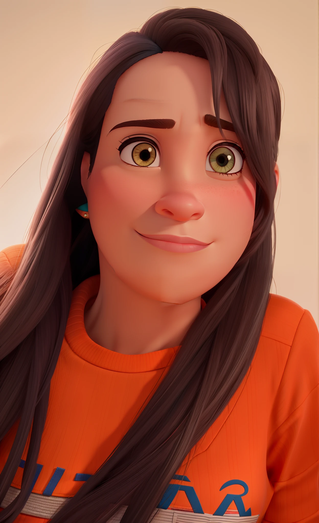 Uma mulher estilo disney pixar parada, alta qualidade, melhor qualidade, olhando fixamente para camera, meia idade, rosto redondo, not smiling.