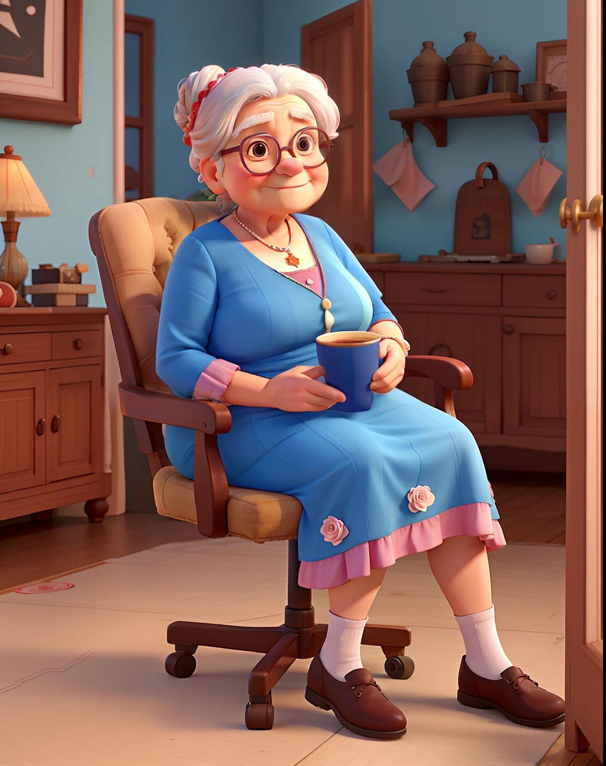 A chubby old woman with Rose glasses in a blue dress sitting on a chair drinking coffee and with a bun on her head