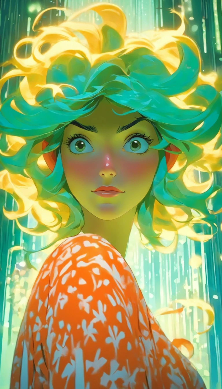 Arte hiperrealista de personagens femininas por David Hockney e Alphonse Mucha, arte de fantasia, Arte realista, dynamic  lighting, art-station, volumeric lighting, Rostos altamente detalhados, 8 mil,Full HD, Concedido,, 1girl, No escuro, sombra profunda, discreto, Cowboy baleado, (Traje Oficial: 1.4), Cabelos compridos, cana, cabelo com luzes pretas