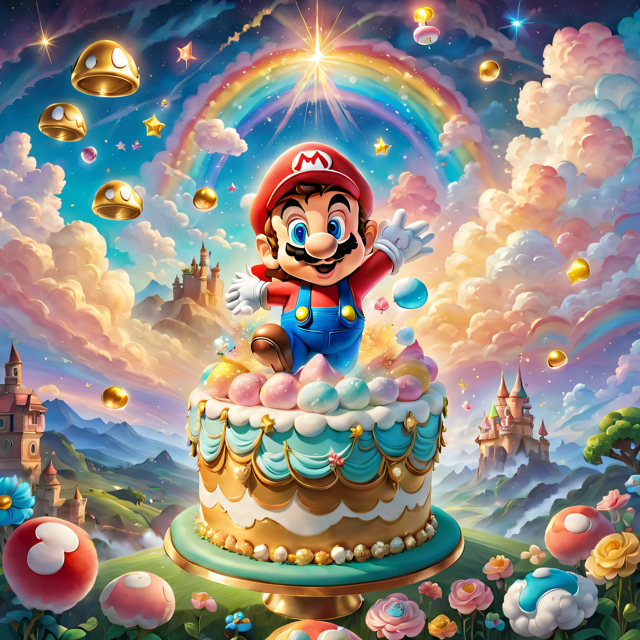 A fantastic illustration,Cute Super Mario birthday cake, Lovely birthday party, Blessings from angels、 Amazing, Unbridled fantasies, colorful drawing, muted pastels, captivating lighting, Whimsical atmosphere, Happy birthday theme background, Gold coins floated in the sky, Magical surrealism, Mysterious Shadows, Fluffy marshmallow clouds, Engaging details, curious onlookers, An expression of happiness, Mystery and wonder, uplifting mood,Bright background, Delicate brushstrokes, Fantasy world, Happy characters, Pleasant smile, Luminism, Hyperrealism, Ghibli-like colours, first-person view, UHD, anatomically correct, textured skin, masterpiece, high details, super detail, highres