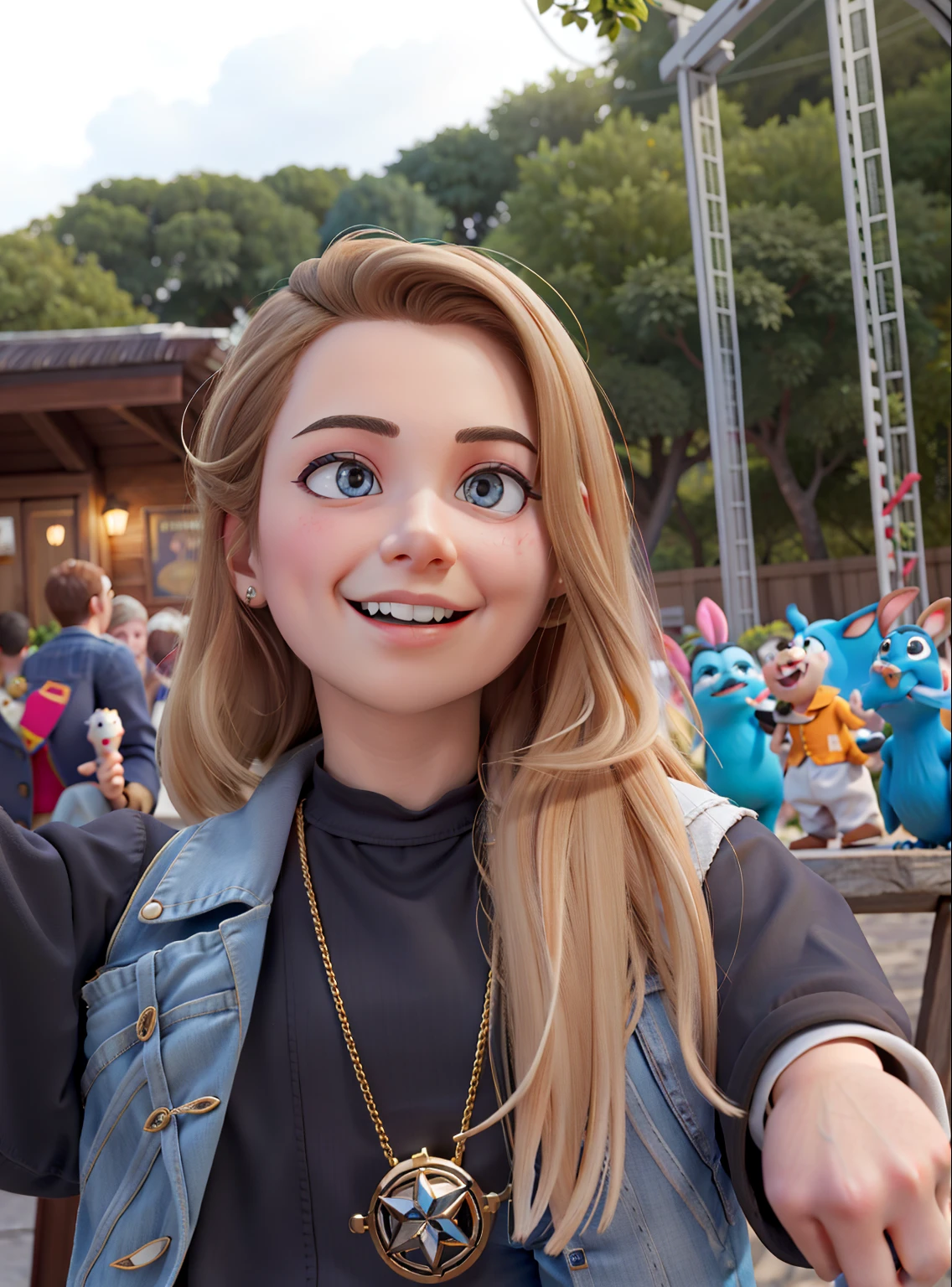 tmasterpiece, alta qualidade, a melhor qualidade,sorriso,In front of several colorful chairs is a young white woman, loira de olhos castanhos, delicate facial features,veste uma camiseta preta de manga curta,colete social cinza com risca de giz,time-turner necklass Harry Potter hermione, black jeans pants, sapato preto, 30 anos, foto recente,foco nítido, Open-air theatre cultural festival ,foto colorida,Estilo Pixar,CG,caricaturas,filme luz e sombra,8k,tmasterpiece:1.5,Detalhe perfeito,