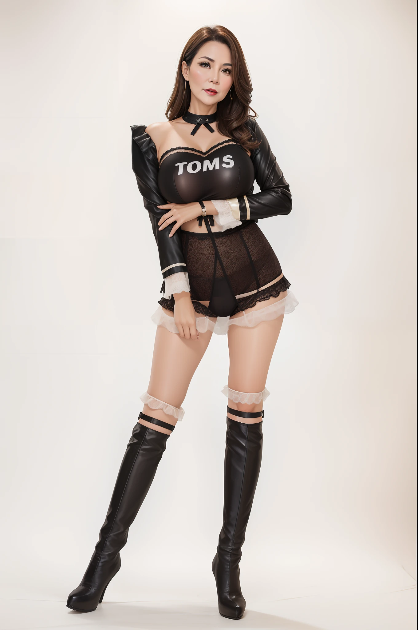 Photo of a 50-year-old woman with brown hair, a captivating gaze, Brown eyes, Wrinkles on her face, Black pantyhose,Black High Heel Boots,She wears very sexy lingerie underwear、、Revealing her large sagging breasts, Light makeup and red lips. 32K
