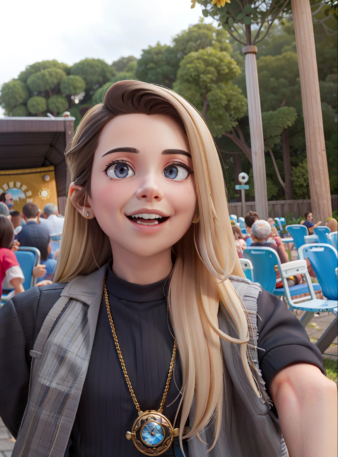 tmasterpiece, alta qualidade, a melhor qualidade,sorriso,In front of several colorful chairs is a young white woman, loira de olhos castanhos, delicate facial features,veste uma camiseta preta de manga curta,colete social cinza com risca de giz,time-turner necklass Harry Potter hermione, black jeans pants, sapato preto, 30 anos, foto recente,foco nítido, Open-air theatre cultural festival ,foto colorida,Estilo Pixar,CG,caricaturas,filme luz e sombra,8k,tmasterpiece:1.5,Detalhe perfeito,