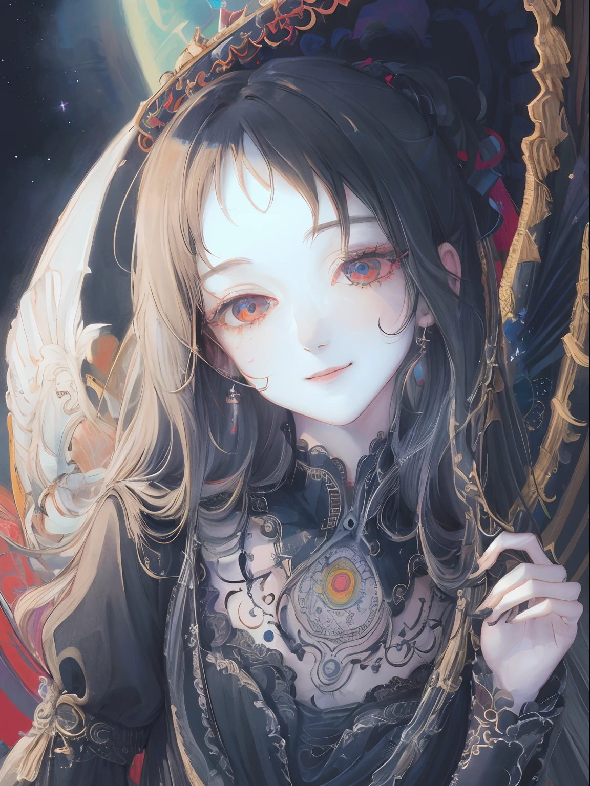 ​masterpiece: 1.7, top-quality、(Highly detailed CG、ultra-detailliert、Best Shadow:1.1)、Painterly、sketch、the witch、Black Dress、Dark hair、red eyes、Paper texture、超A high resolution、extra detailed face、flat-colors、Highly detailed eyes、extra detailed face、extra detailed face、realisitic、limited pallete、Low contrast、The best lighting、Beautuful Women、lite smile、blanche:1.6、(Zentangle、a Mandala、Tangle、Entangle:1.1)