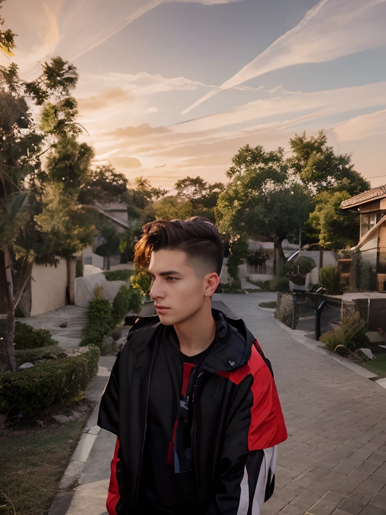 Background handsome boy, realistic face, hair undercut, wearing a ninja jacket, isreali flag, sunset the house rich, 8k, ultra realistic, streamer headset