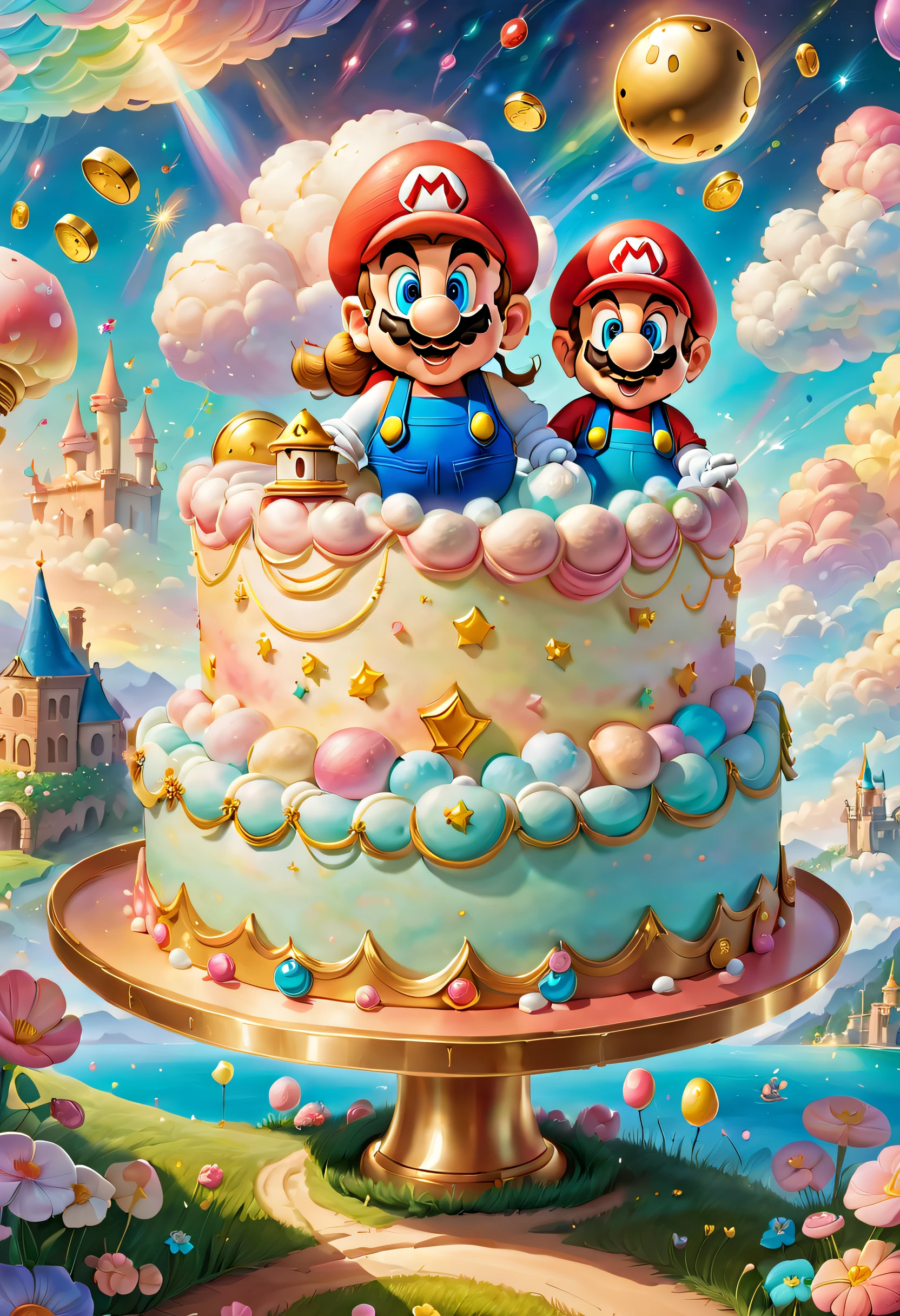 A fantastic illustration,Cute Super Mario birthday cake, Lovely birthday party, Blessings from the princess、 Amazing, Unbridled fantasies, Colored pencils, muted pastels, Vibrant colors, captivating lighting, Whimsical atmosphere, Happy birthday theme background, gold coins, Floating in the sky, Magical surrealism, Mysterious Shadows, Fluffy marshmallow clouds, Engaging details, curious onlookers, An expression of happiness, Mystery and wonder, uplifting mood,Bright background, Delicate brushstrokes, Fantasy world, Happy characters, Pleasant smile, Luminism, Hyperrealism, Ghibli-like colours, first-person view, UHD, anatomically correct, textured skin, masterpiece, high details, super detail, highres