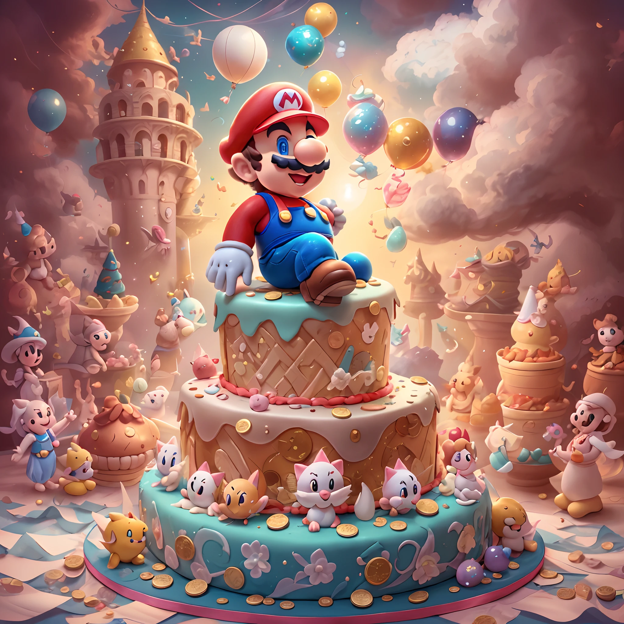 A fantastic illustration,Cute Super Mario birthday cake, Lovely birthday party, Blessings from the princess、 Amazing, Unbridled fantasies, Colored pencils, muted pastels, Vibrant colors, captivating lighting, Whimsical atmosphere, Happy birthday theme background, gold coins, Floating in the sky, Magical surrealism, Mysterious Shadows, Fluffy marshmallow clouds, Engaging details, curious onlookers, An expression of happiness, Mystery and wonder, uplifting mood,Bright background, Delicate brushstrokes, Fantasy world, Happy characters, Pleasant smile, Luminism, Hyperrealism, Ghibli-like colours, first-person view, UHD, anatomically correct, textured skin, masterpiece, high details, super detail, highres