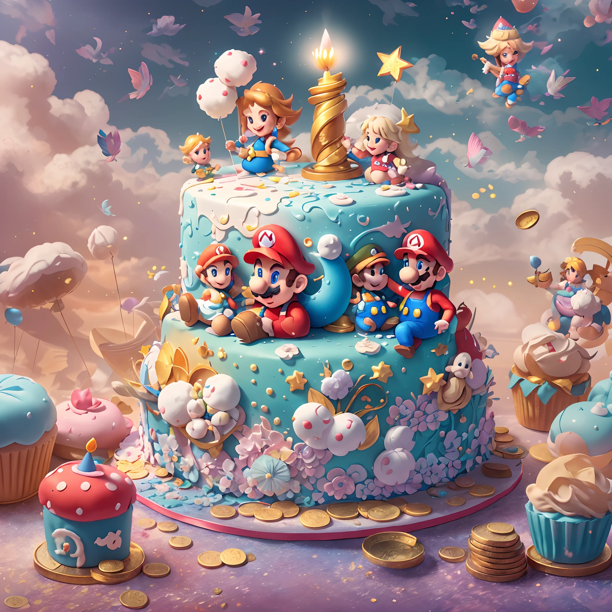 A fantastic illustration，Cute Super Mario birthday cake, Lovely birthday party, Blessings from the princess､ Amazing, Unbridled fantasies, Colored pencils, muted pastels, Vibrant colors, captivating lighting, Whimsical atmosphere, Happy birthday theme background, gold coins, Floating in the sky, Magical surrealism, Mysterious Shadows, Fluffy marshmallow clouds, Engaging details, curious onlookers, An expression of happiness, Mystery and wonder, uplifting mood,Bright background, Delicate brushstrokes, Fantasy world, Happy characters, Pleasant smile, Luminism, Hyperrealism, Ghibli-like colours, first-person view, UHD, anatomically correct, textured skin, masterpiece, high details, super detail, highres