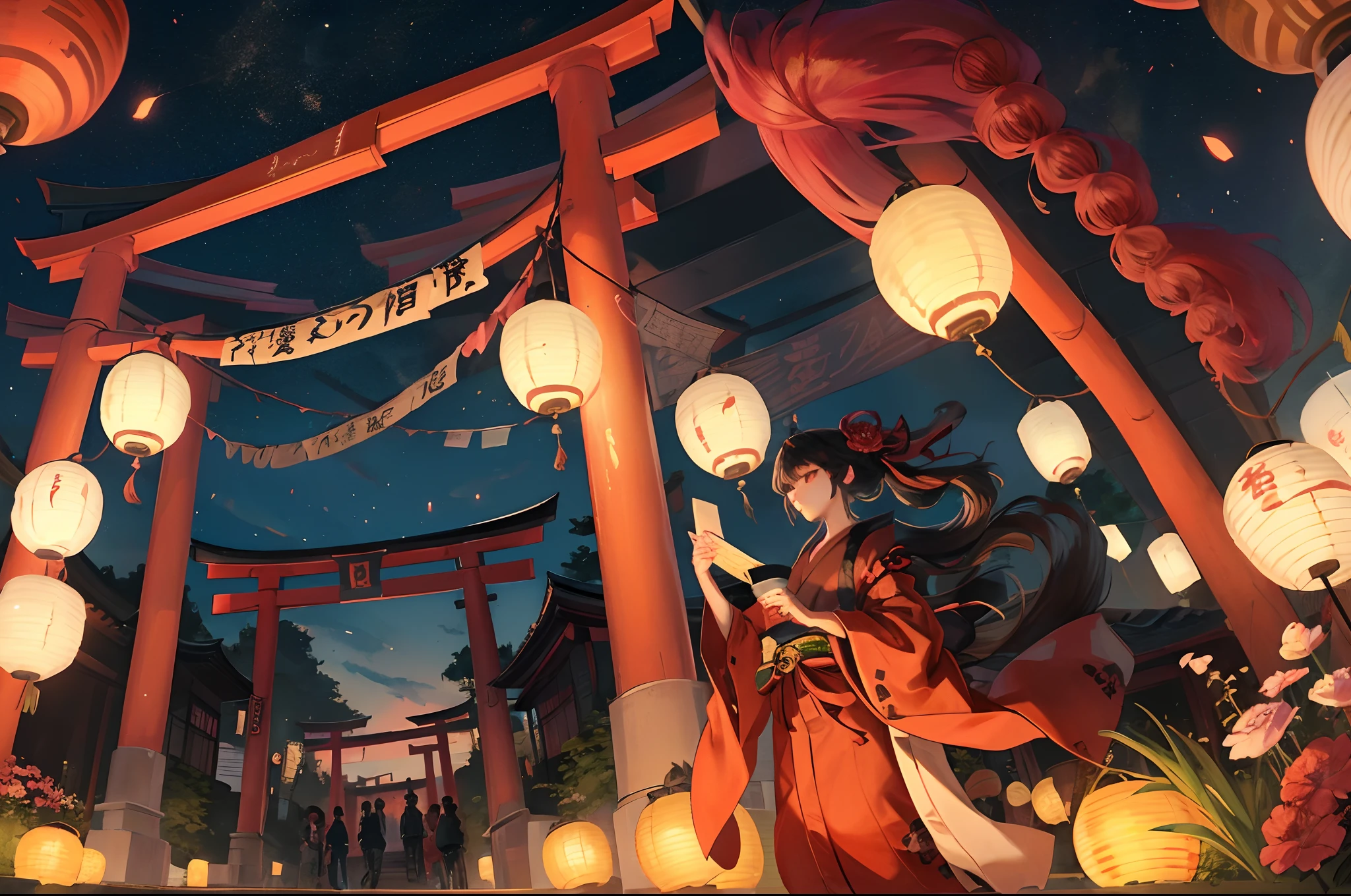 torii gate、A Japanese style、reddish、fox、Mask、red-light district、Flower Street、A large torii gate can be seen in the distance、paper lanterns、Lanterns and fireballs floating in the sky、youkai、Handsome Yokai