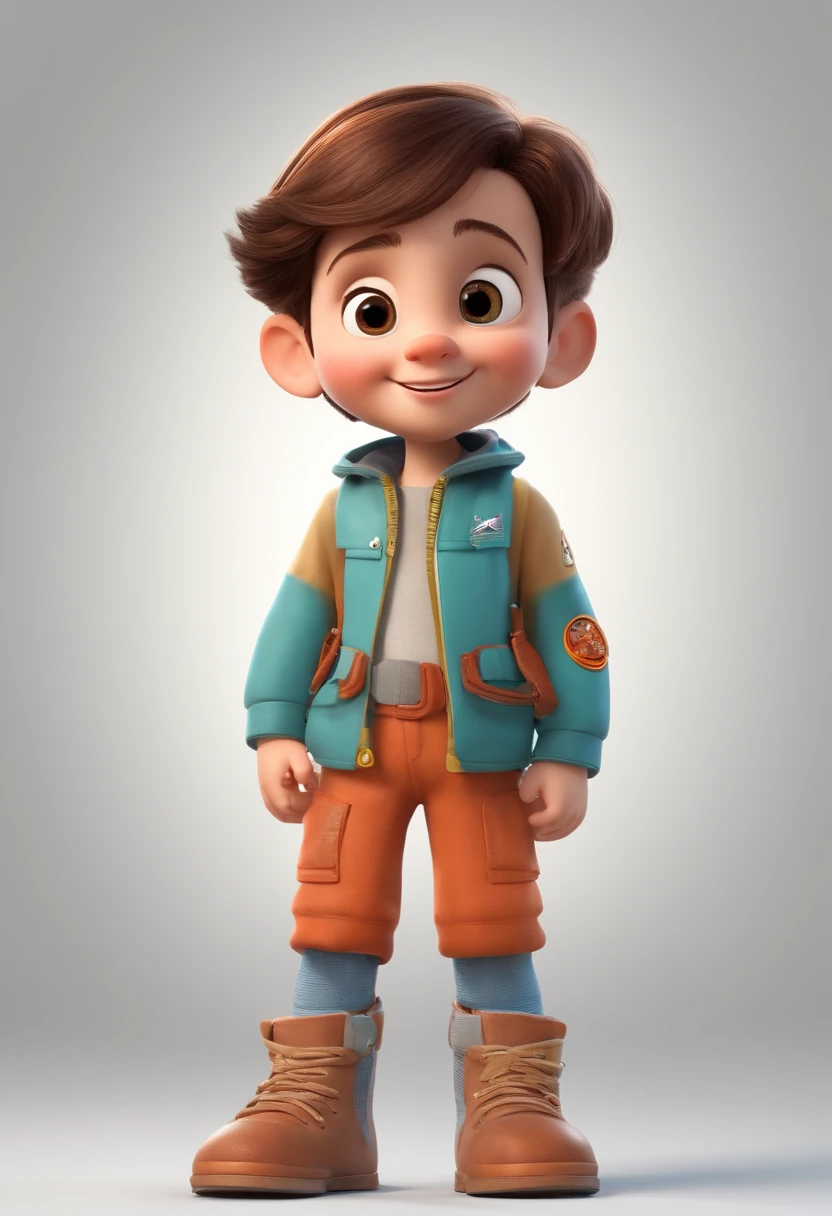 a happy cute kid standing short hair, vestindo uma fantasia espacial, , fundo branco, barnet, tom, Estilo Pixar, ..3d, desenhos animados, rosto detalhado, asymmetrical 16k
