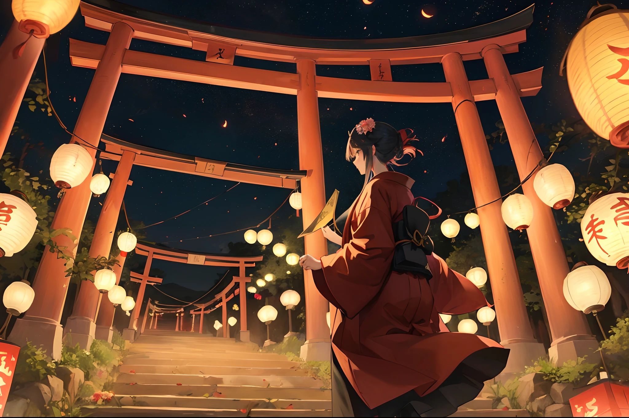 torii gate、A Japanese style、reddish、fox、Mask、red-light district、Flower Street、A large torii gate can be seen in the distance、paper lanterns、Lanterns and fireballs floating in the sky、youkai、Handsome Yokai