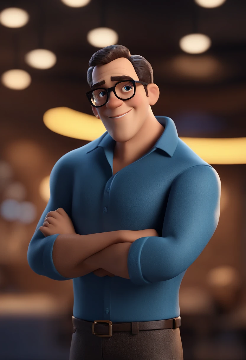 Cartoon character of a man with black glasses and a blue shirt, animation character, Caractere estilizado, animation style rendering, 3D estilizado, Arnold Maya render, 3 d render stylized, toon render keyshot, Personagem 3D, Personagem 3D, 3d rendering stylized, 3 d character render, personagem de desenho animado, Personagem de close up, Pose de personagem,  (Estilo Pixar) (master part:1.2) (Bokeh) (best quality) (pele detalhada) (textura detalhada) (8k) (argila) (Cinematic lighting) (foco nítido