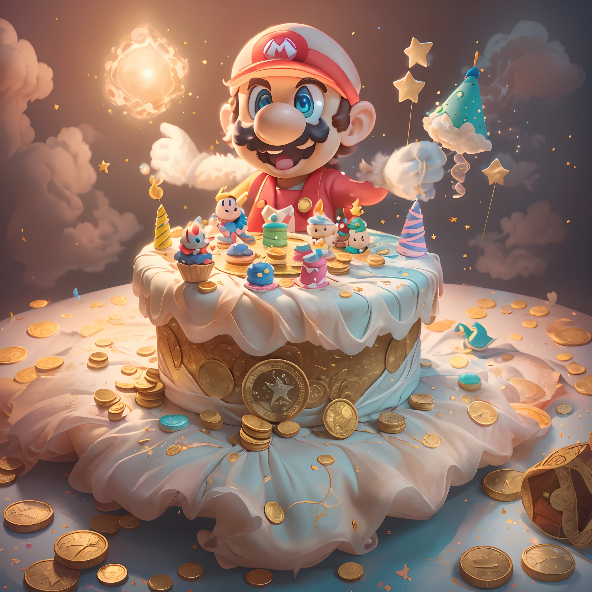 A fantastic illustration，Cute Super Mario birthday cake, Lovely birthday party, Blessings from the princess､ Amazing, Unbridled fantasies, Colored pencils, muted pastels, Vibrant colors, captivating lighting, Whimsical atmosphere, Happy birthday theme background, gold coins, Floating in the sky, Magical surrealism, Mysterious Shadows, Fluffy marshmallow clouds, Engaging details, curious onlookers, An expression of happiness, Mystery and wonder, uplifting mood,Bright background, Delicate brushstrokes, Fantasy world, Happy characters, Pleasant smile, Luminism, Hyperrealism, Ghibli-like colours, first-person view, UHD, anatomically correct, textured skin, masterpiece, high details, super detail, highres