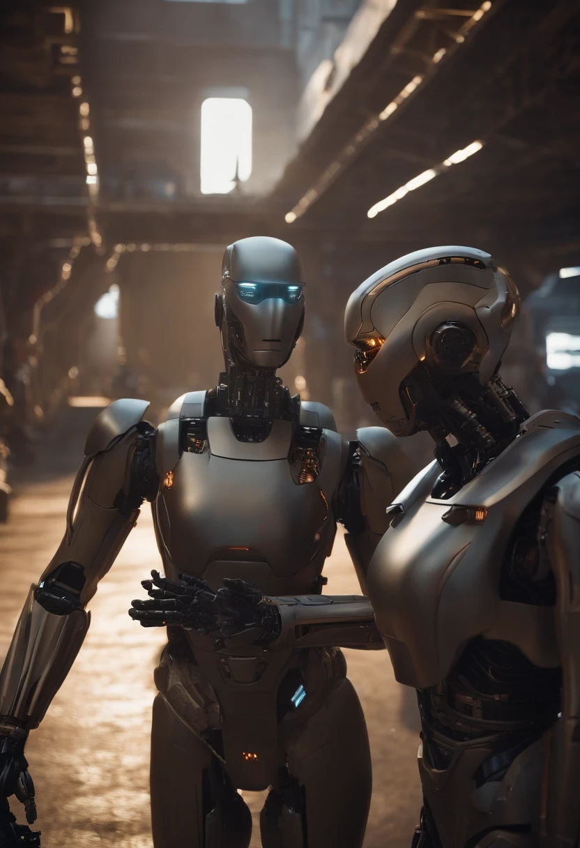 there are two robots that are standing next to each other, machines and futurist robots, death and robots, robot cyborgs, Ciborgues dieselpunk, Cyber Steampunk 8 K 3D, humanoid robots, Ainda de Alita, Filme ainda de ciborgue asteca, futuristic robots, de um filme 2 0 1 9 sci fi 8k