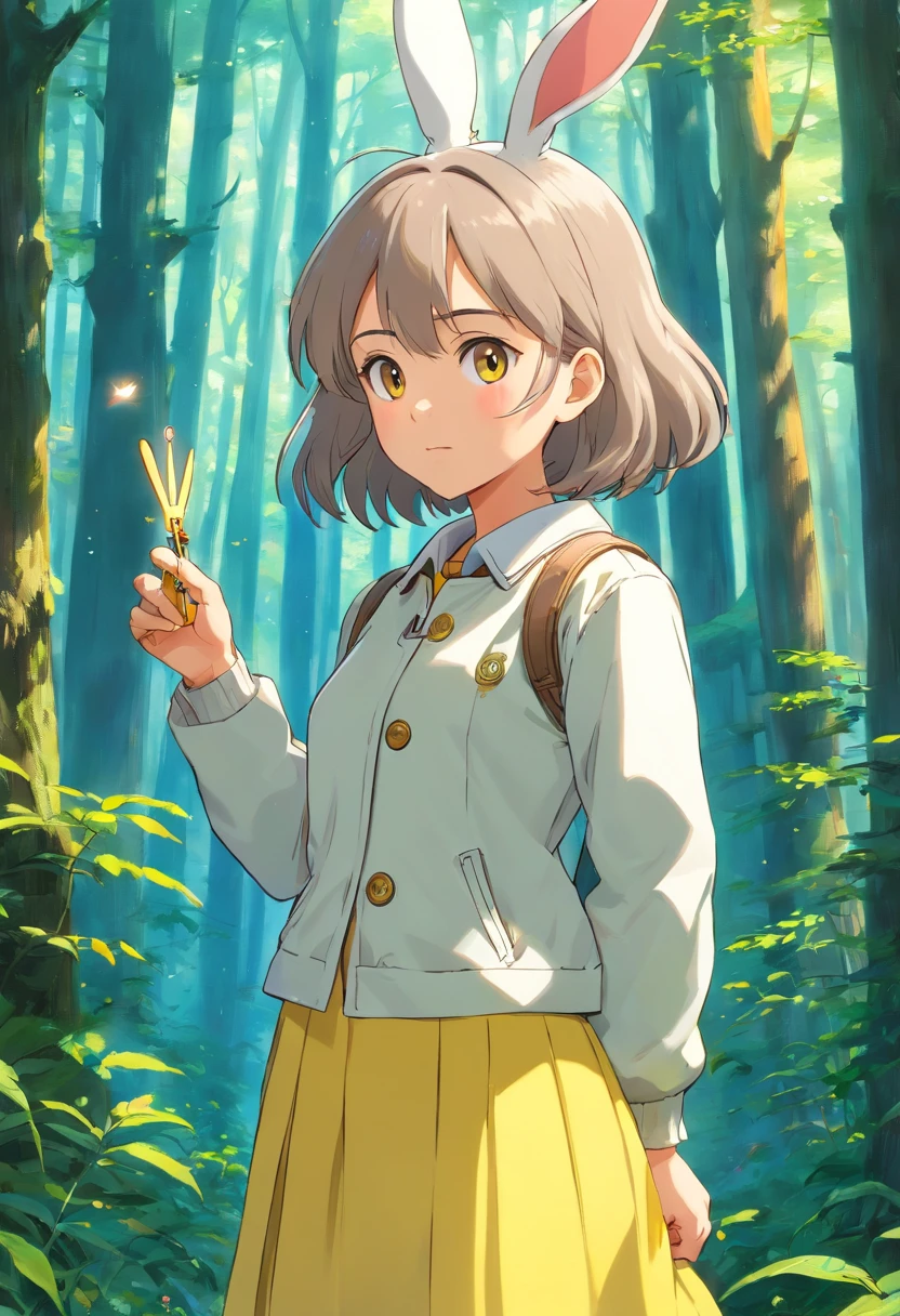 An edgBunny in a white jacket and yellow skirt stands in the forest,miyazaki movie, curious expression, Studio Ghibli, oil painting, detailed features, forest, animate,Standing with a wand in his hand,Beside her was a sparkling gem,The whole scene is dreamy and magical